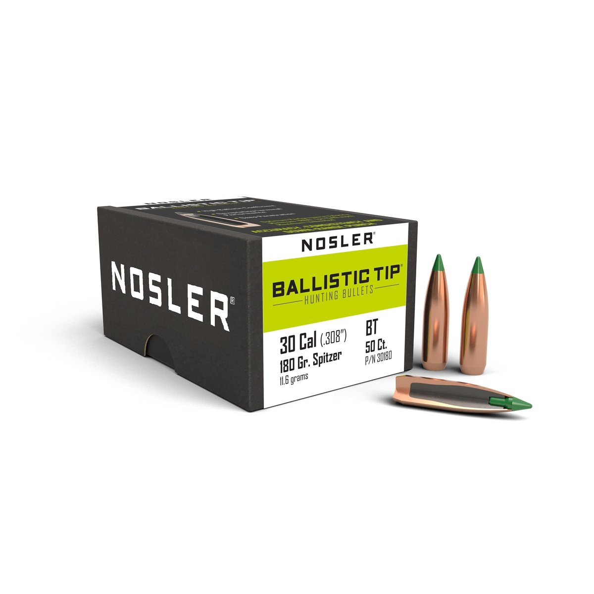 Nosler Ballistic Tip Hunting Rifle Bullets .30 cal .308″ 180 gr SBT-BTIP 50/ct